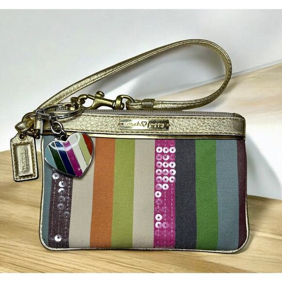 Coach 19021 Poppy Legacy Stripe Sequins Glam Tote & Wristlet - Picture 8 of 15